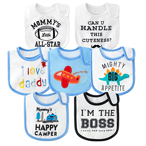 2ooya 7Pcs Cotton Waterproof Baby Bibs Hook Loop Closure Newborn Babies Bib Keepsake Baby Gift for Drooling Feeding Eating