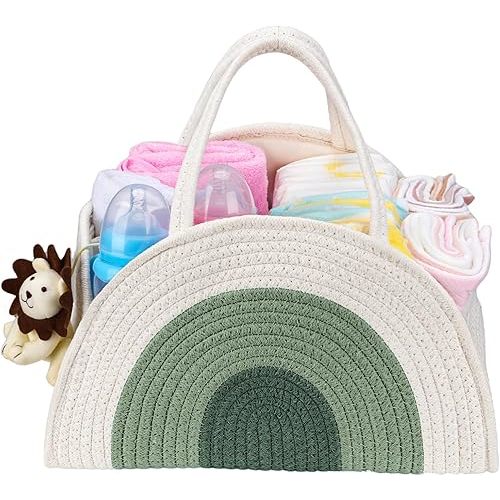 Baby Diaper Caddy Organizer, Baby Basket for Diapers and Baby Wipes, Newborn Essentials for Boys and Girls, Gift for Baby Shower,Rainbow Green