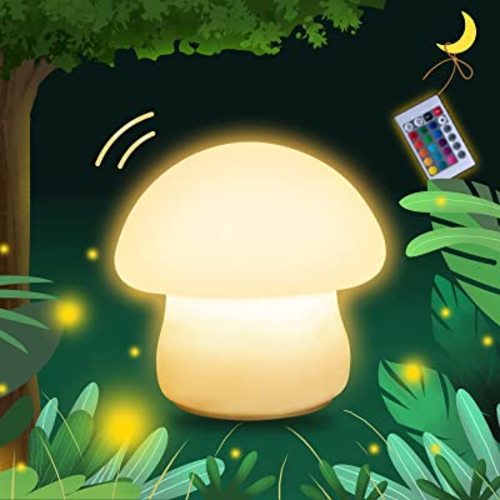 Rechargeable Multi-Color LED Nightlight, Dimmable Mushroom Nightlamp for Breastfeeding, Nursery Squishy Silicone Lamp for Bedroom (Tap/Remote Control)