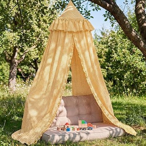 SmoothNovelty Gingham Plaid Bed Canopy with Ruffles Soft Vintage Style Decorative Tent for Reading Nook Play Area or Adult Bedroom Circus Tent Canopy(Yellow)
