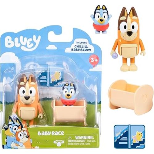 Bluey Figure 2-Pack Baby Race | 2 Figure Pack with Chilli and Baby with Cradle Accessory