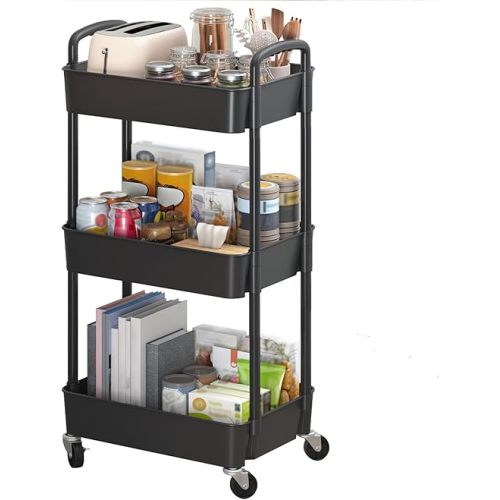 Sywhitta 3-Tier Plastic Rolling Utility Cart with Handle, Multi-Functional Storage Trolley for Office, Living Room, Kitchen, Movable Storage Organizer with Wheels, Black