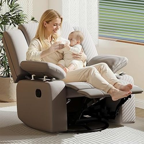 AILEEKISS Rocking Chair Nursery Swivel Recliner Glider Chair with Adjustable Armrests,Headrest Rocker Nursing Chair for Breastfeeding Comfy Upholstered Living Room Reclining Chairs for Bedroom(Grey)