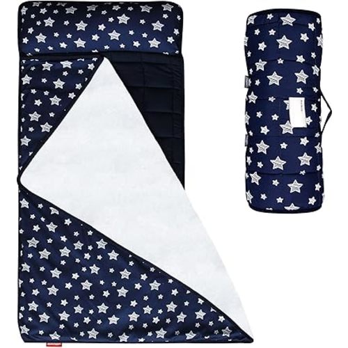 Moonsea Toddler Nap Mat Boy Navy with Pillow and Fleece Minky Blanket, Lightweight and Soft Perfect for Kids Preschool, Daycare, Travel Sleeping Bag for Boys, 21" x 50" Fit on a Standard Cot