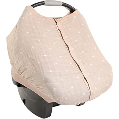 Little Unicorn 100% Cotton Muslin Car Seat Canopy | Super Soft Lightweight Cover with Window | Breathable | Magnetic Closure | Baby and Infant | Machine Washable | Shower Gift | Taupe Cross
