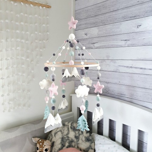 Pink & Mint Baby Mobile, Mountains Nursery Mobile, Woodland Baby Mobile, Crib Mobile, Cloud Mobile, Mountains Cot Mobile, Forest Baby Mobile