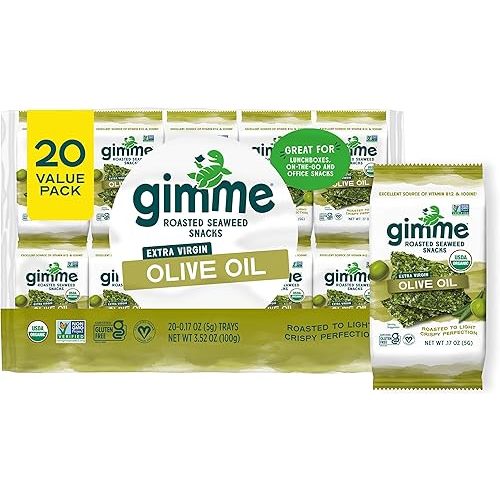 Gimme Seaweed - Extra Virgin Olive Oil - 20 Count - Organic Roasted Seaweed Sheets - Keto, Vegan, Gluten Free - Great Source of Iodine & Omega 3’s - Healthy On-The-Go Snack for Kids & Adults