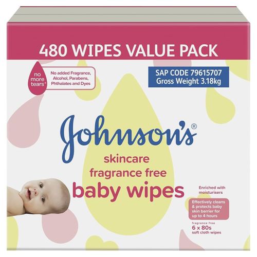 Johnson's Baby Skincare Fragrance Free Baby Wipes 6 x 80 Pack|Enriched with moisturisers|cleans & protects baby skin barrier|Protects from discomfort & irritation|Suitable for sensitive skin