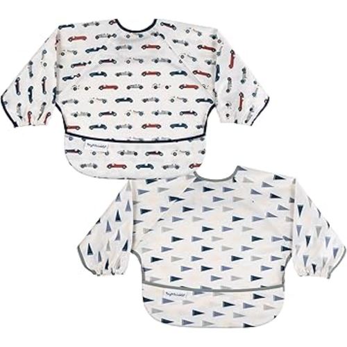 Tiny Twinkle Long Sleeve Bib for Babies & Toddlers | 2-Pack Waterproof Smock Bib for Eating | Machine Washable & Mess-Proof Feeding Essentials | Newborn Shower Gift (Cars,Flags,6-24M)