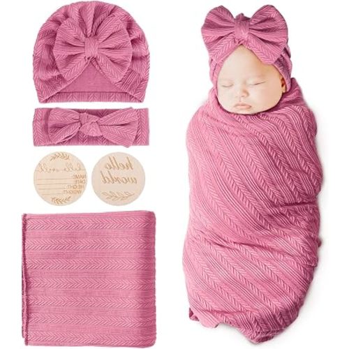AQOKKA Newborn Receiving Blanket with Bow Hat Headband Wooden Card Set Wheat-Pattern Newborns Toddler Baby Boy Girl Nursery Swaddle Wrap