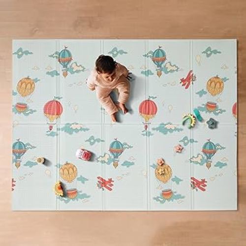 Nuby Reversible Baby Floor Mat - Foldable and Lightweight Foam Infant Play Mat - 77" x 58" - Easy Storage and Travel - Hot Air Balloons/Stripes