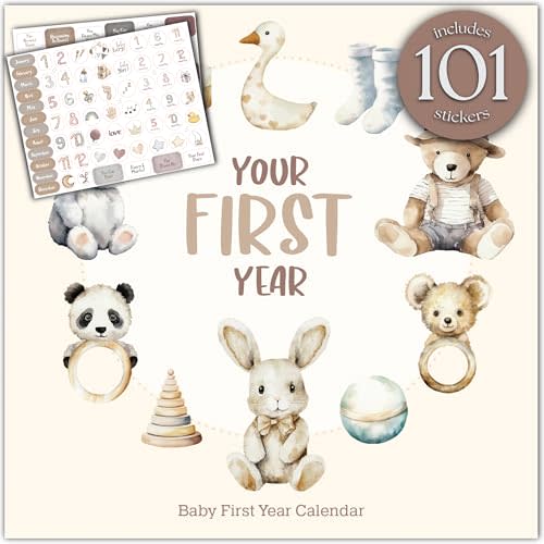 Baby's First Year Calendar with 100 Stickers - Unisex Baby Design 1st Years Wall Calendar With Stickers, Baby Tracker, Baby Scrapbook for New Mom and Newborn Boys & Girls