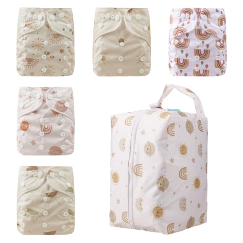 CoolaPeach Baby Cloth Diapers Washable Reusable Diapers for Baby Boys, One Size Adjustable Pocket Nappy Covers 5 Pack+ 5pcs Microfiber Inserts+ One Waterproof Bag (Star Sun)