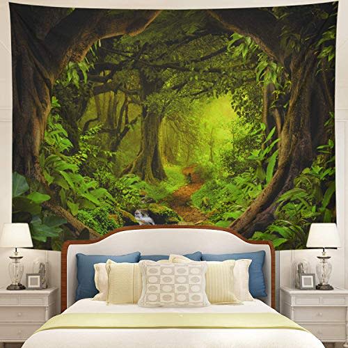 Tushelia Forest Nature Tree Cave Wall Hanging - Misty Forest Stream Through Rainforest Landscape Jungle Creek Psychedelic Tapestry for Living Room