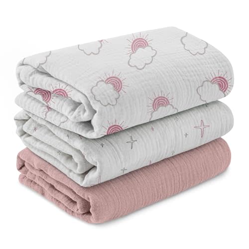 Muslin Swaddle Blankets for Newborn, 3 Pack Breathable Soft Receiving Blanket, Large 38 x 40 inches Swaddle Wrap Burping Clothes Diapers, Essentials Infant Shower Items, Toddler Gift (Clouds & Stars)