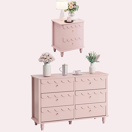 Anbuy Bedroom Set 2 PCS 6 Drawer Dresser and Night Stand Sets for Bedroom, Two Drawers Nightstand & 6 Drawer Dresser Combo 2 Pieces (Pink)