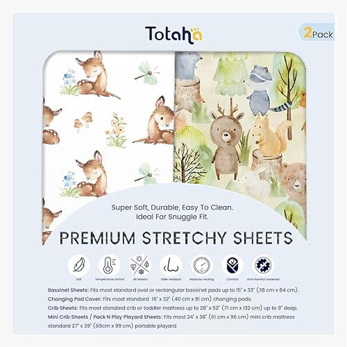 TotAha Premium Stretchy Changing Pad Cover, Buttery Soft Diaper Changing Pad Covers for Girls Boys, Super Stretchy Jersey Knit Changing Table Covers, Forest Bear & Cute Deer