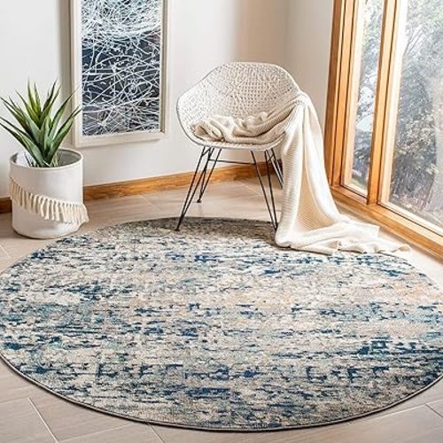 SAFAVIEH Madison Collection Area Rug - 5' Round, Grey & Blue, Modern Abstract Design, Non-Shedding & Easy Care, Ideal for High Traffic Areas in Living Room, Bedroom (MAD460K)