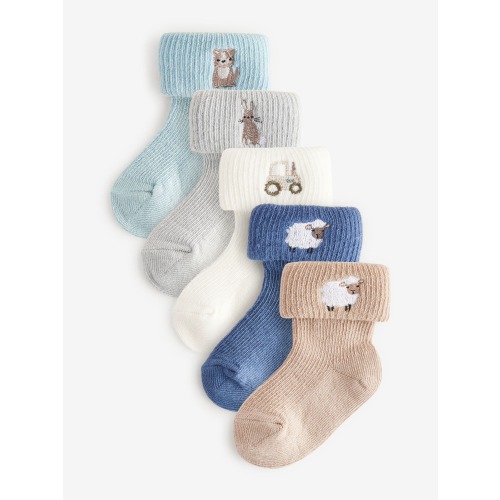 Blue/Neutral Embroidered Roll Top Socks 5 Pack (0mths-2yrs)