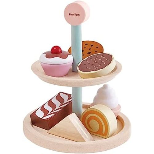 PlanToys Wooden Two-Tier Bakery Stand Set with Baked Food Items (3489) | Sustainably Made from Rubberwood and Non-Toxic Paints and Dyes
