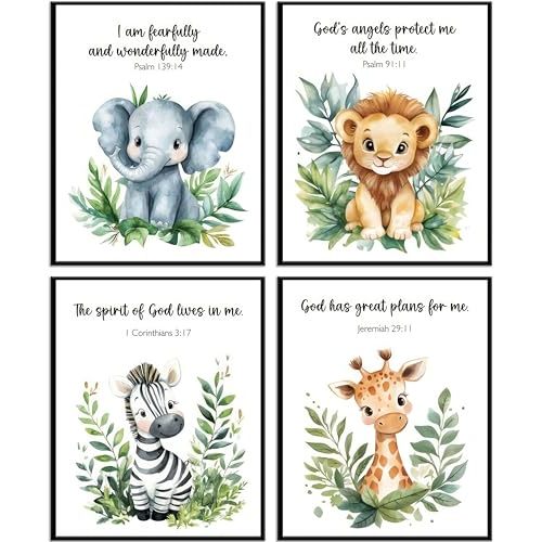 4pcs Nursery Bible Verse Animal Wall Art Baby Forest Nursery Wall Decor Safari Animals Christian Painting Picture Canvas Lions Elephant Giraffe Zebra Poster Print for Kids Room Home Decor Unframed