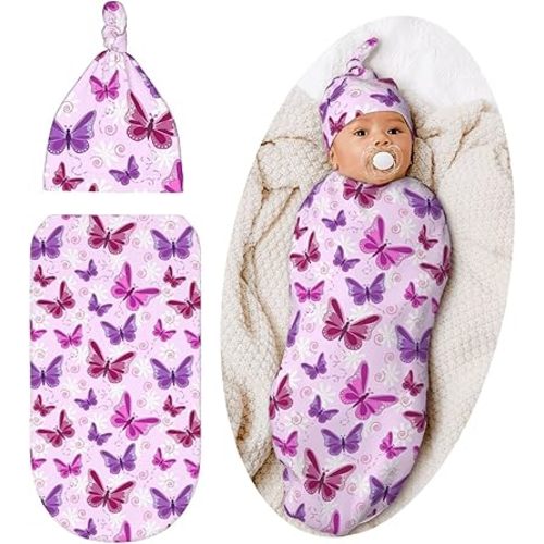 Butterfly Baby Stuff Swaddle Blanket Newborn Baby Swaddling Blanket Sleep Sack with Beanie Hat Sets for Boys Girls Infant and Baby Shower Unisex