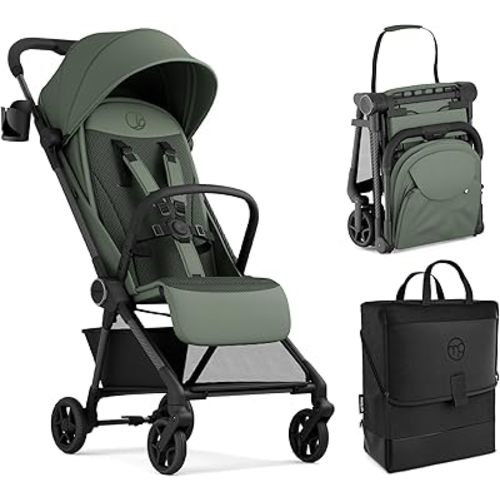 Mompush Nexis Carbon Travel Stroller, Ultra-Lightweight 11.5 lbs, Compact & Airplane Carry-On Approved, One-Second Auto-Fold, One-Hand Full Recline, from Birth to 50 lbs, Travel Bag Included, Forest
