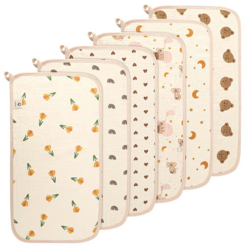 KABOER 6 Pack Large Muslin Burp Cloths for Baby, 20"x11" Cotton Burp Rags, Extra Soft & Absorbent 4 Layers, Cute and Eco-Friendly Prints, Burping Cloths for Newborn