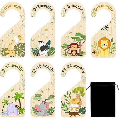 R HORSE 8Pcs Safari Baby Closet Dividers, Double Sided Nursery Hanger Dividers Wood Baby Closet Size Organizers for Boy Girl Birthday Christmas Gift (0-24 Months)