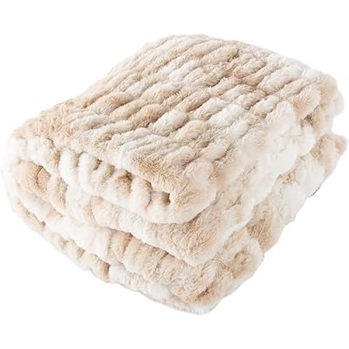 Oversized Ruched Faux Fur Blanket - 60x80-Inch Jacquard Faux Fur Queen-Size Throw for Sofas and Beds - Luxurious Bedding by Lavish Home (Cream)