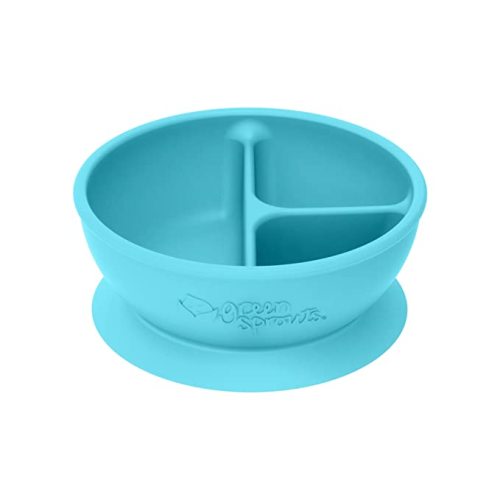 green sprouts Learning Bowl | Helps toddler develop independent eating skills | Heat-resistant silicone, Suction cup base with easy-release tab, 3 sections marked to measure portions, Dishwasher safe - Aqua - 1 Count (Pack of 1)