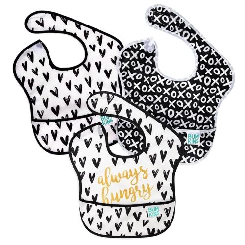 Bumkins Bibs for Girl or Boy, SuperBib Baby and Toddler for 6-24 Months, Essential Must Have for Eating, Feeding, Baby Led Weaning Supplies, Mess Saving Catch Food, Fabric 3-pk Hearts and XOXO
