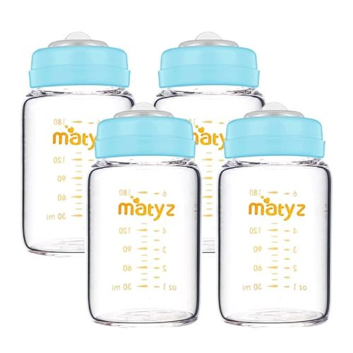 Matyz 4-PACK Wide Mouth Glass Breast Milk Storage Containers With Lids (Blue, 6 Oz Each) - Glass Freezer Safe Breastmilk Storage Bottles - Breast Pump Accessories For Medela Spectra Avent Breast Pumps