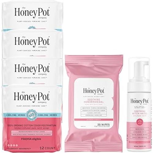 The Honey Pot Company - Postpartum Essentials Bundle - 48ct Postpartum Pads, Witch Hazel Feminine Wash, 20ct Witch Hazel Feminine & Hemorrhoid Wipes