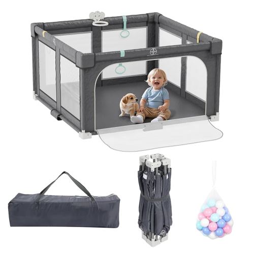 Xilingol 50" X 50" Foldable Playpen, Potable Baby Play Yard with Carry Bag, Baby Gate Playpen with Anti-Slip Suckers & Zipper Gate, Toddler Fence Play Area with 4 Handlers & 50 Ocean Balls (Grey)