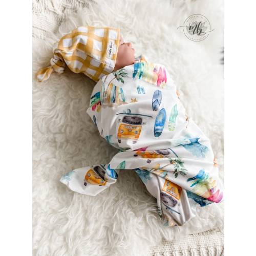 Surf Is Up Watercolor Swaddle Blanket + Knotted Beanie Hat | Gender Neutral Gift Blanket | Baby Blanket Set | Newborn Outfit