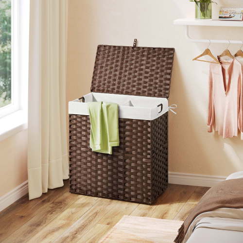 Rolanstar 130L Laundry Hamper Wicker Laundry Basket with Lid, Handles Clothes Hamper Foldable with 2 Removable Liner Bags, Brown