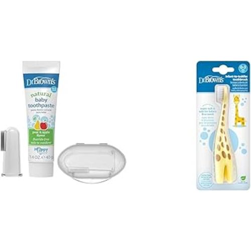 Dr. Brown's Silicone Baby Finger Toothbrush and Toothpaste Set, 2-Pack With Infant-to-Toddler Training Brush, Soft for Baby's First Teeth, Giraffe, 0-3 Years