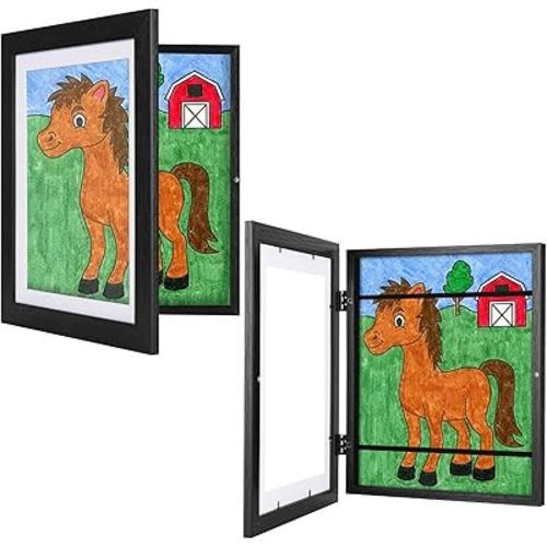Kids Artwork Frame Black 2 pack, 10x12.5 Child Art Display Frame Without Mat Changeable Front Opening, 8.5x11 Frame With Mat, Children Storage Frame Hold 50pcs Crafts, Drawing, Art Project, Schoolwork