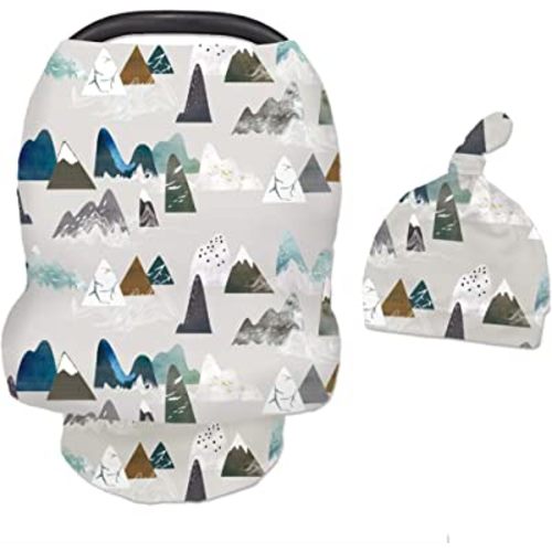 Baby Carseat Cover with Beanie, Adventure Mountain Infant Carseat Canopy for Boys Girls, Nursing Cover Breastfeeding Scarf for Mom, for Stroller High Chair Shopping Cart