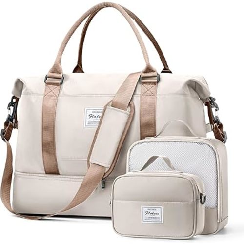 Large Weekender Bags for Women, Travel Duffel Bag with Shoe Compartment,Personal Item Travel Carry on Overnight Bag for women Travel 3PCS,Beige & Brown