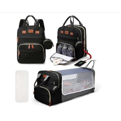 RsenFremior 3 in 1 Diaper Bag Backpack, Foldable Baby Bed Waterproof Travel Bag with USB Charge& Insulated Pockets, Large Unisex Diaper Bag Backpack for Baby