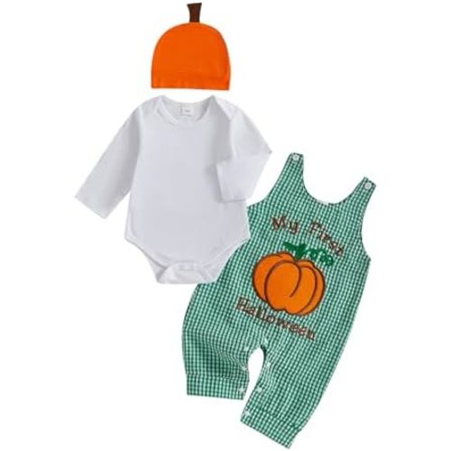 My First Halloween Baby Boy Outfit Newborn Pumpkin Romper + Plaid Overalls+ Hat 3Pcs Infant Boy Fall Clothes