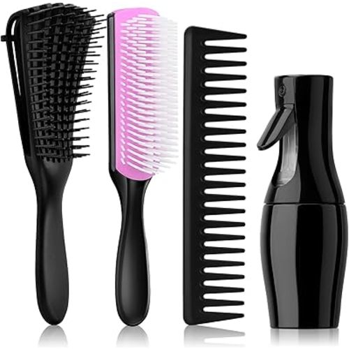 Hommtina Detangling Brush Set with Curly Hair Spray bottle, Bottle Brush Set for Women and Kids Curly Hair (3 PCS, Black+Purple)