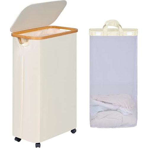 Slim Laundry Basket with Wheels, Narrow Rolling Laundry Hamper with Lid and Removable Bag, Tall Aesthetic Dirty Clothes Hamper on Wheels for Laundry Room, Bedroom, Dorm and Bathroom, 75L Beige