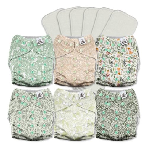 Mama Koala 3.0 Cloth Diapers for Babies with AWJ Lining, 6 Pack with 6 5-Layer Natural Cloth Diaper Inserts - Reusable and Washable Pocket Diapers(A-Spring Sprouts)