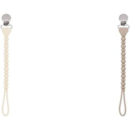 Itzy Ritzy 100% Silicone Pacifier Clip Bundle with Buttercream & Toast Silicone Cords, Metal Clasp, Beaded One-Piece Style