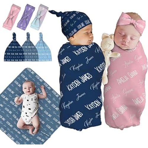 Personalized Baby Swaddle and Hat and Bow Headband for Girls Boys with Name Custom Baby Blankets for Girls Boys with Name Personalized Baby Girl Boy Gifts Personalized Baby Items