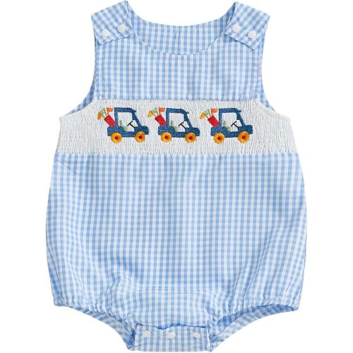 Gueuusu Baby Boy Girl Clothes Newborn Smocked Bubble Romper Embroidery in Plaid/Striped Overall Bodysuit Outfit