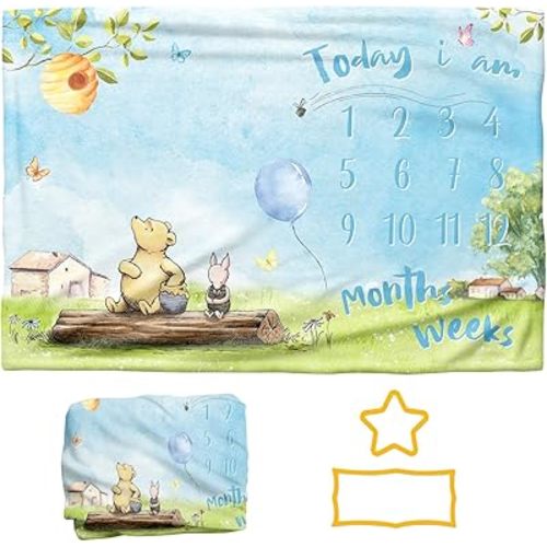 Baby Milestone Blanket - Blue Classic Winnie Monthly Milestone Blanket for Baby Boy Bear Soft Touch Photography Background Photo Backdrop for Newborn Baby Growth Chart 60" X 40"
